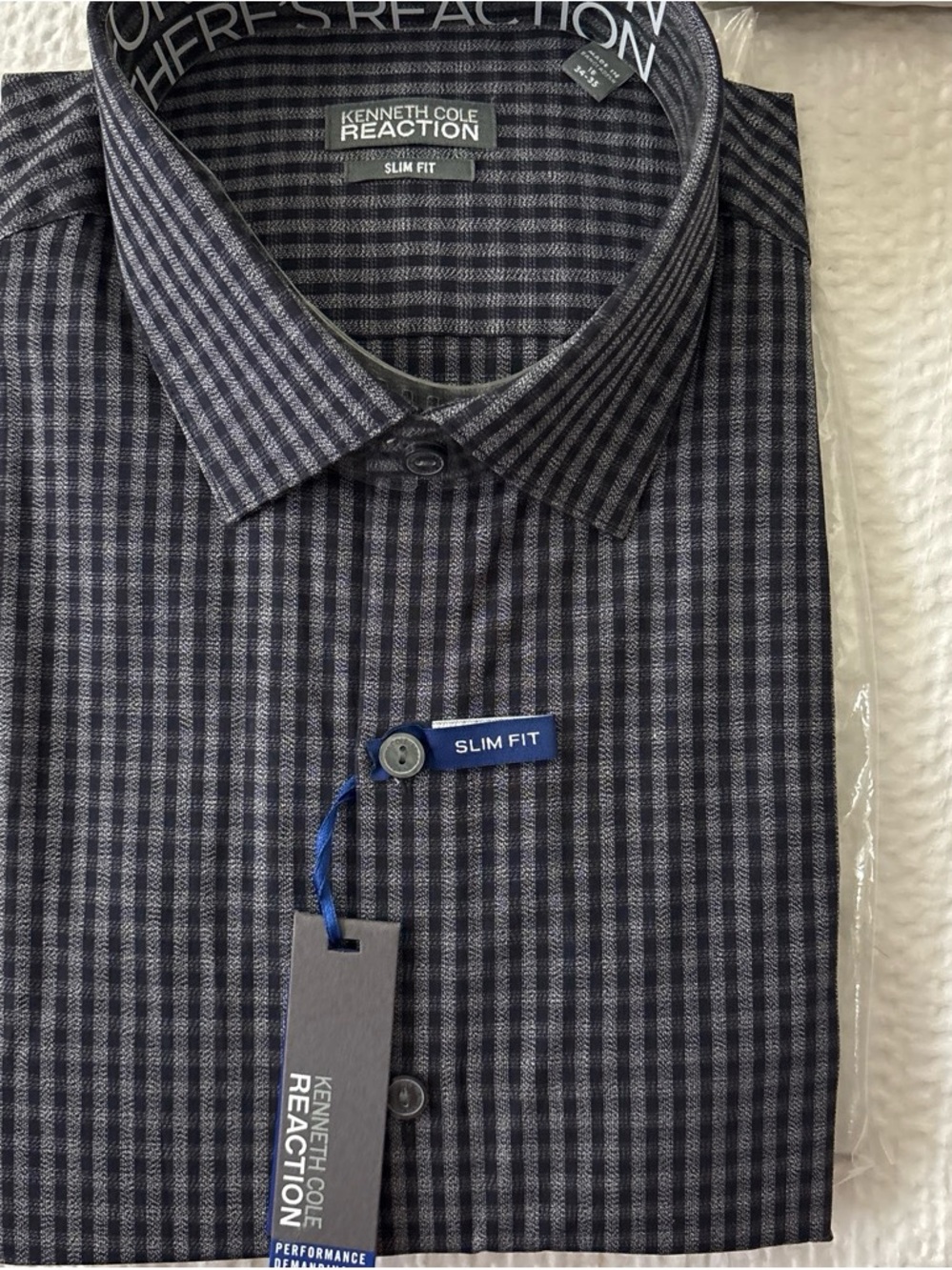 Kenneth Cole Reaction Slim Fit Black and Gray Striped Plaid Dress Shirt